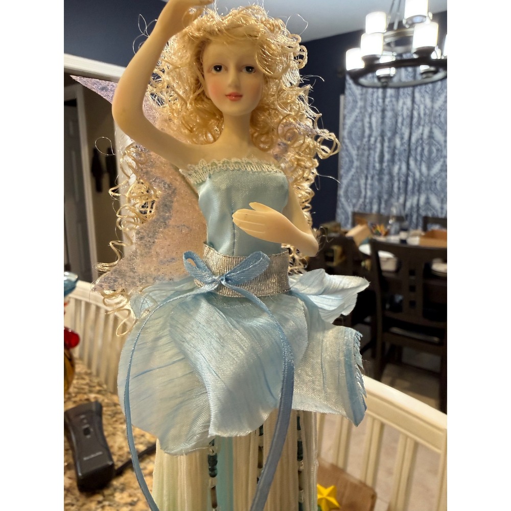 15in Blue Silver Fairy Angel Tree Topper Porcelain Blonde Beaded Fringe Skirt